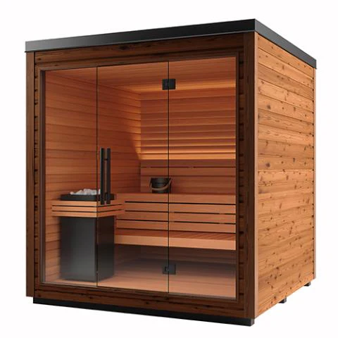 The Auroom Mira-L (5-person) sauna in a natural wood finish