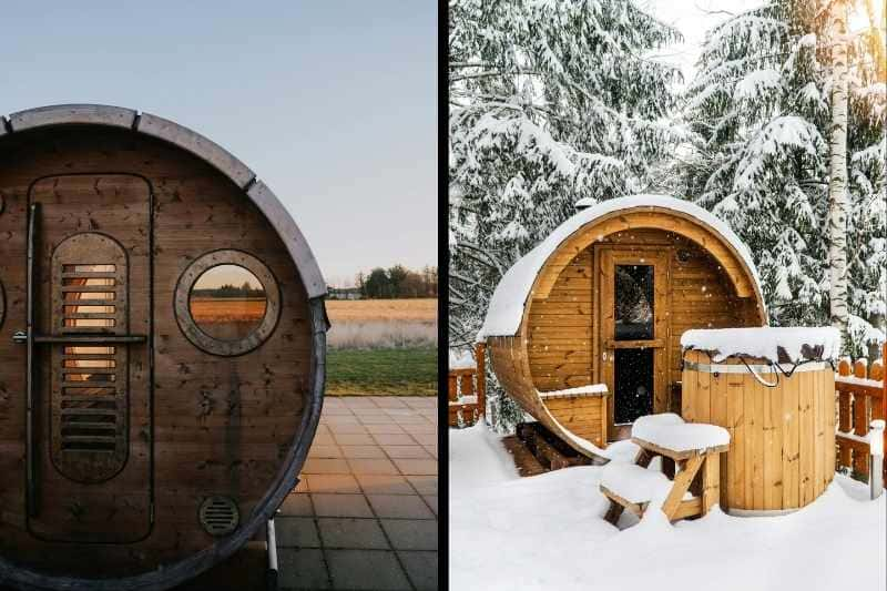 Barrel sauna comparison showing summer installation with porthole window and winter setup with snow-covered hot tub in forest setting