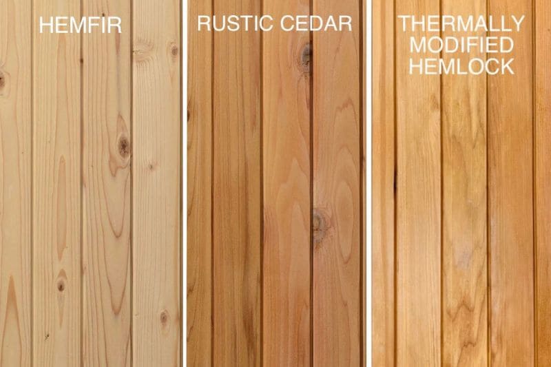 Wood type comparison for barrel saunas showing Hemfir, Rustic Cedar, and Thermally Modified Hemlock panels