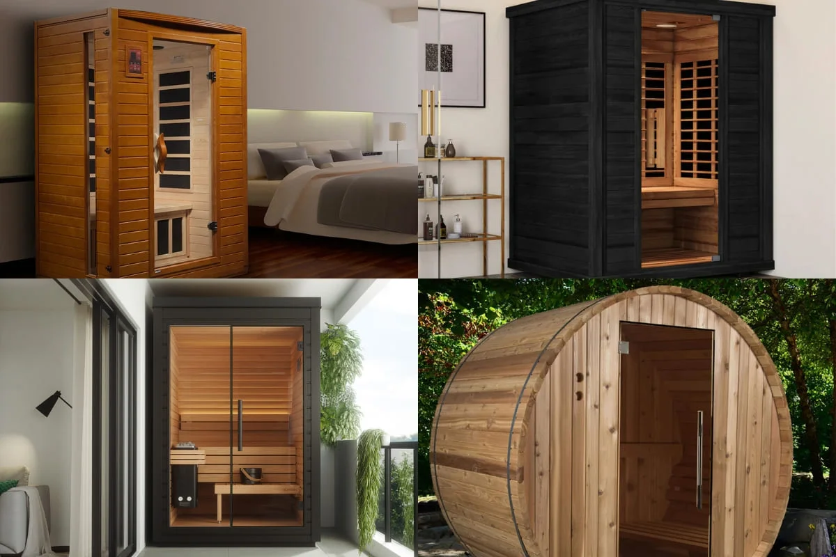 A Collage of four of the best 2 person saunas: traditional indoor infrared sauna in natural wood, modern black indoor infrared unit in bedroom, contemporary balcony sauna with glass front, and classic outdoor cedar barrel sauna