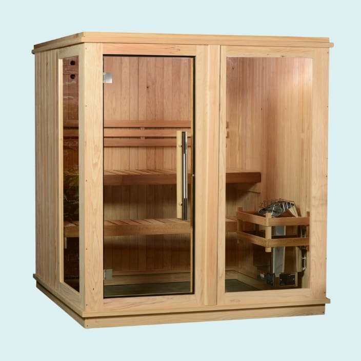 Almost Heaven Grayson 4-person indoor sauna with an electric heater, glass door and panels, featuring tiered bench seating and heater unit