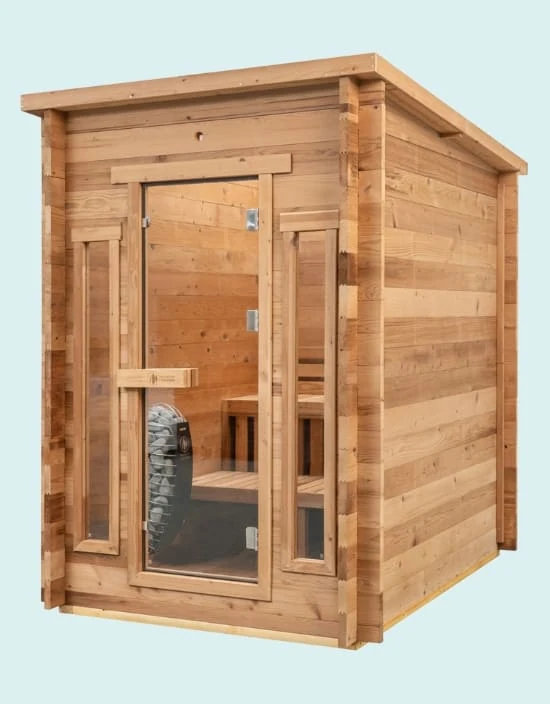 Redwood Outdoors Cabin 4-person sauna with full glass door and vertical window panels