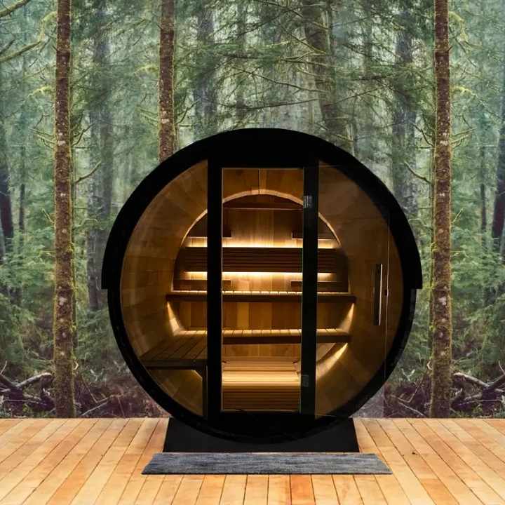 Sun Home Outdoor Cedar Barrel Sauna – Luxury Outdoor Sauna with Premium Cedar Wood, Glass Door, and Ambient Lighting for Relaxation and Wellness