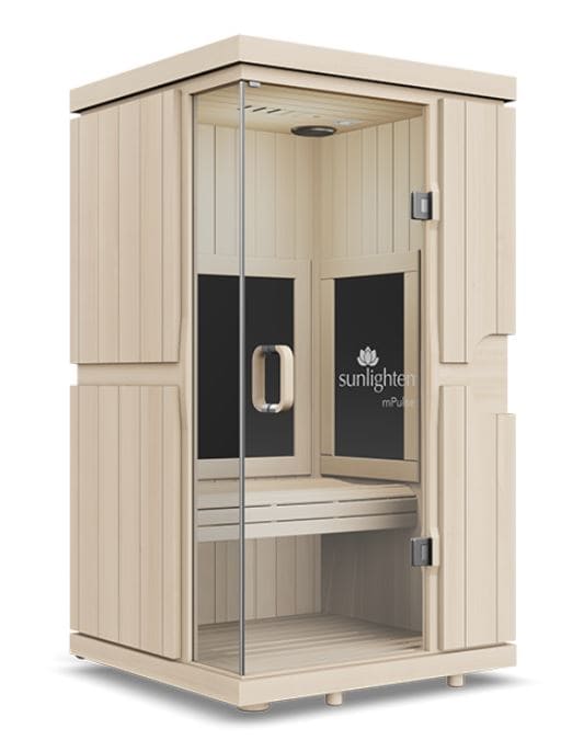 Sunlighten mPulse Aspire infrared sauna in Basswood cream finish with glass door and infrared panels