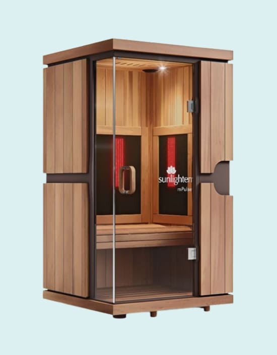 Sunlighten mPulse Aspire infrared sauna in Eucalyptus wood and red infrared panels