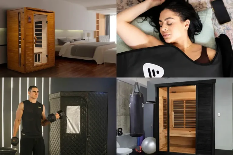 Collage showing some of the best indoor sauna options today: home bedroom sauna installation, relaxation inside an infrared sauna blanket, portable infrared sauna tent workout, and modern gym sauna with fitness equipment