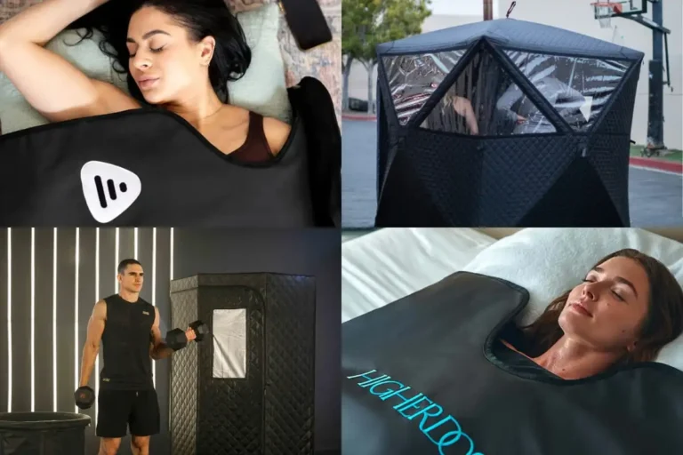 A collage featuring four of the best portable saunas featuring two portable sauna tents and two infrared sauna blankets in different surroundings