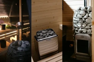 A collage featuring three of the best sauna heaters including two electric sauna heaters and one wood-burning sauna stove in different settings