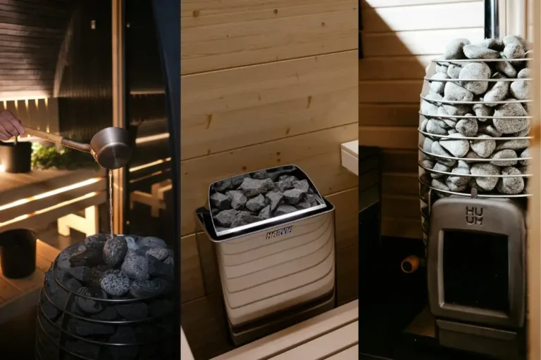 A collage featuring three of the best sauna heaters including two electric sauna heaters and one wood-burning sauna stove in different settings