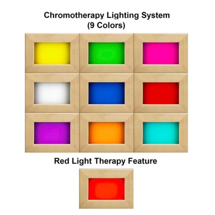 Dynamic Barcelona sauna chromotherapy system details featuring 9 color options and red light therapy feature