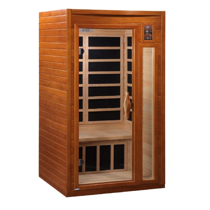 Dynamic Barcelona 1-2 person infrared sauna exterior front view showing cedar wood construction and glass door