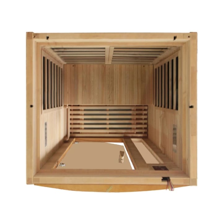 Top-down view of Dynamic Barcelona infrared sauna interior showing heater placement and wood construction