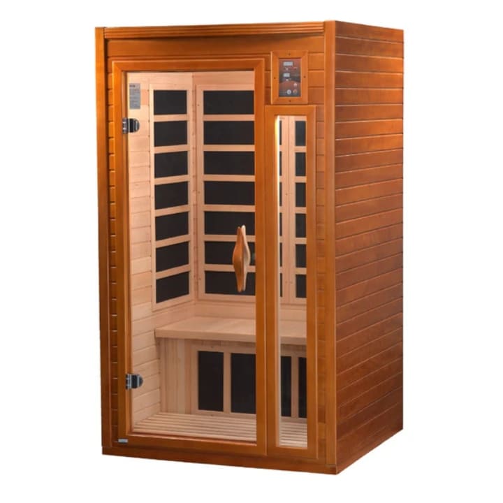 Dynamic Barcelona far infrared sauna with glass door showing interior bench and heating panels