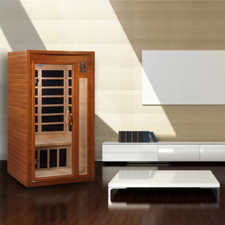 Dynamic Barcelona compact infrared sauna installed in contemporary living space with modern furniture