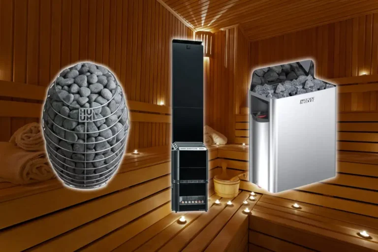 A selection of the best electric sauna heaters displayed against a wooden sauna setting in the background, featuring a tall black tower heater, a compact silver Harvia heater, and a traditional grey stone-filled Huum heater.