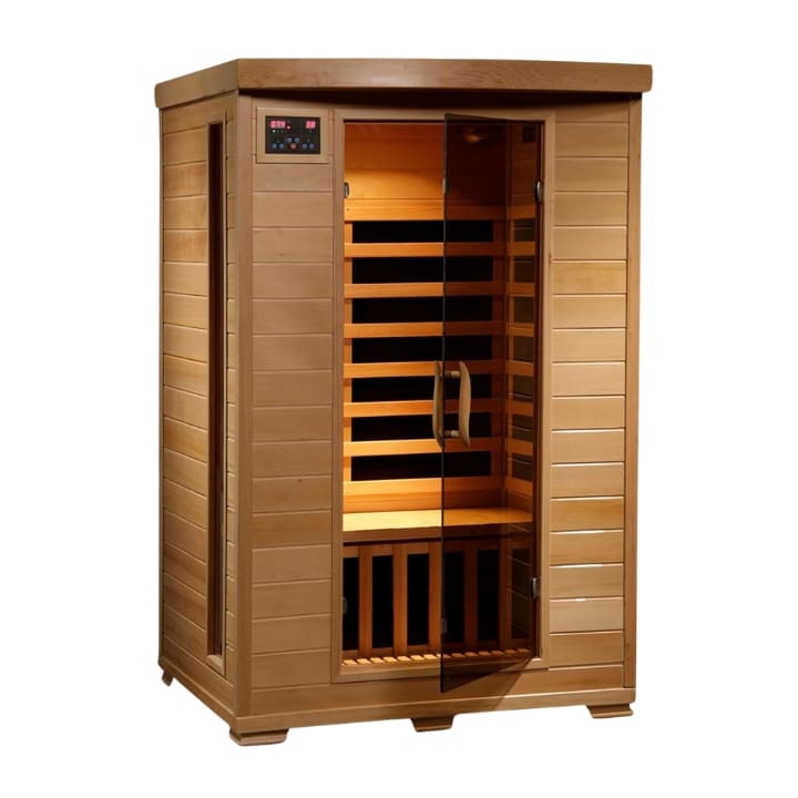 HeatWave Radiant 2 person infrared sauna featuring digital control panel, glass door, and cedar wood construction with carbon heating panels