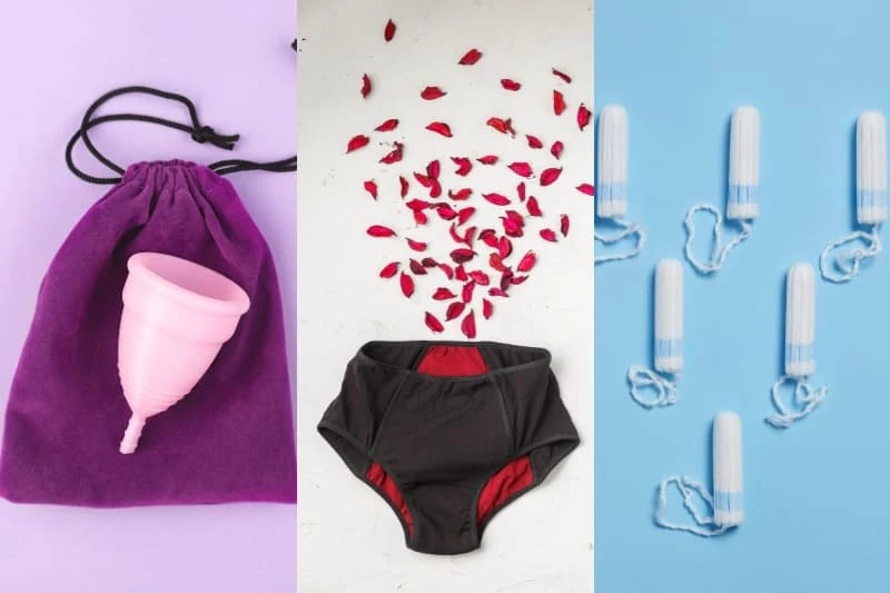 Essential menstrual products for using a sauna during your period including menstrual cup, period underwear, and tampons on colored backgrounds