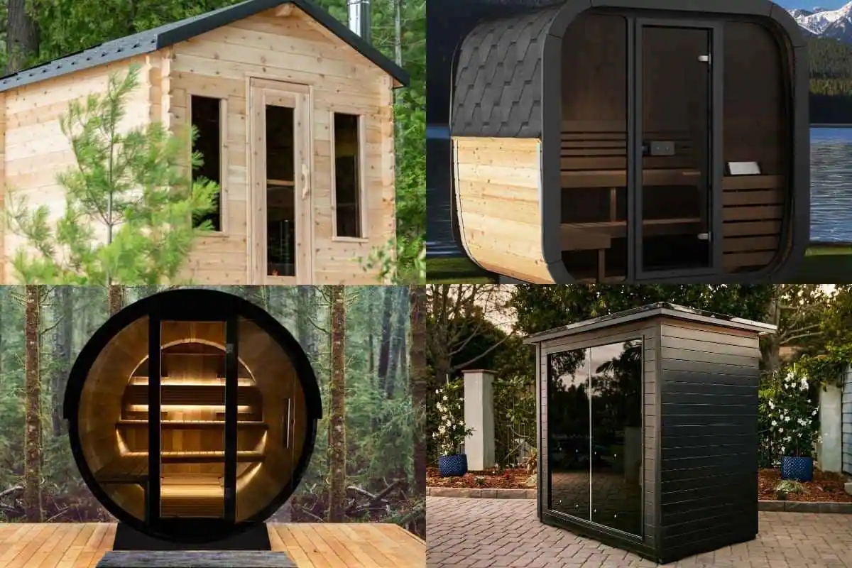 A collage featuring four of the best outdoor saunas: traditional Nordic pine cabin sauna, contemporary pod-style lakeside sauna, luxury barrel sauna with LED lighting, and compact modern garden sauna