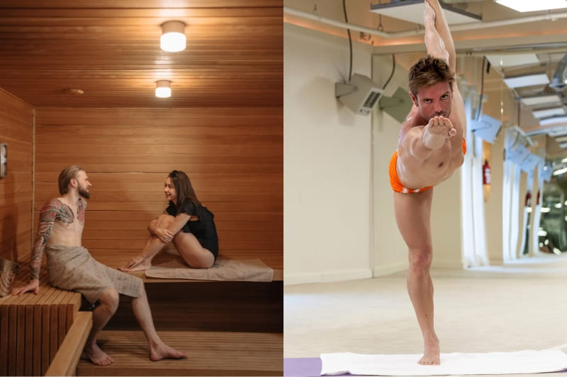 Sauna vs hot yoga comparison side-by-side, showing sauna relaxation and Dandayamana Dhanurasana standing bow pulling pose