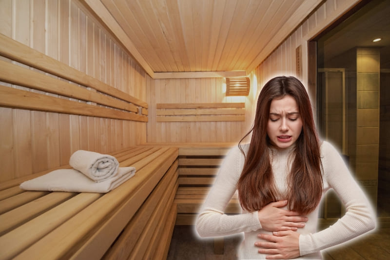 Composite image showing sauna interior and woman with menstrual cramps, illustrating usage of sauna during period