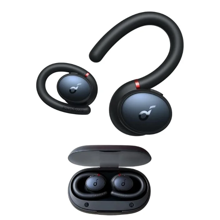 Anker Soundcore Sport X10 black wireless earbuds with ear hooks shown from multiple angles. The earbuds have a circular design with small ear hooks and come with a black charging case.