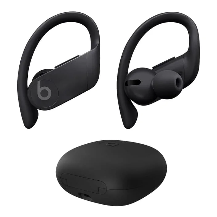 Beats Powerbeats Pro black wireless earbuds with ear hooks shown with their black charging case. The earbuds have an over-ear hook design and the Beats "b" logo is visible.