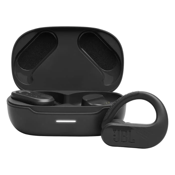 JBL Endurance Peak 3 black true wireless earbuds with ear hooks, shown with their charging case.