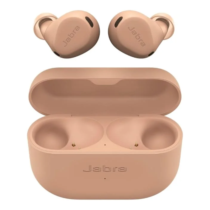 Jabra Elite 8 Active peach/rose gold colored true wireless earbuds, showing both earbuds and their matching charging case with the Jabra logo.