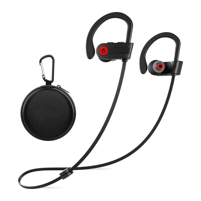 Black wireless Otium Bluetooth Earbuds with ear hooks and red accents, shown with a small round carrying case that has a carabiner clip.