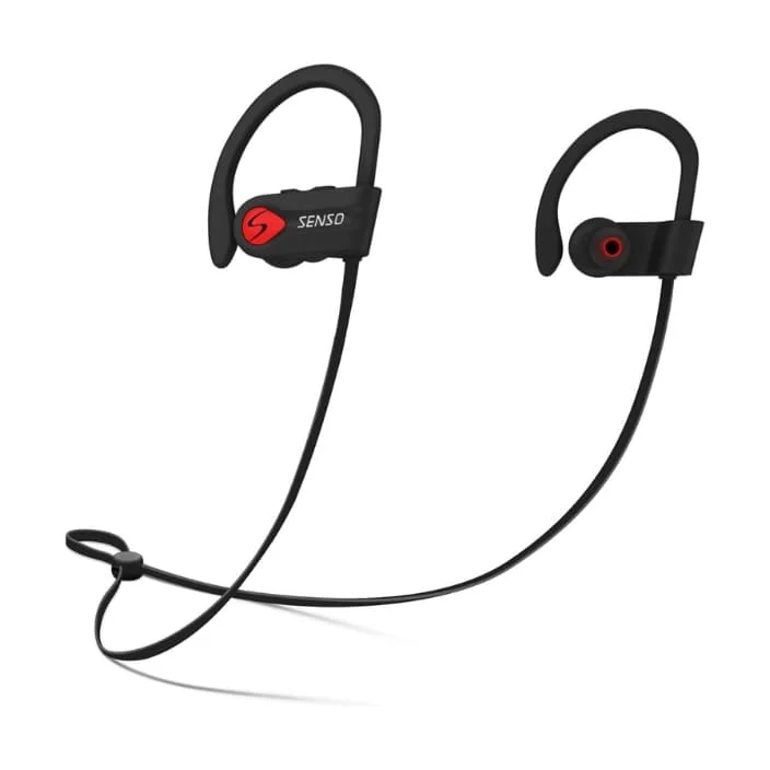 Black wireless Senso Bluetooth earbuds with ear hooks branded "SENSO" with red accents. These are connected by a wire that goes behind the neck.