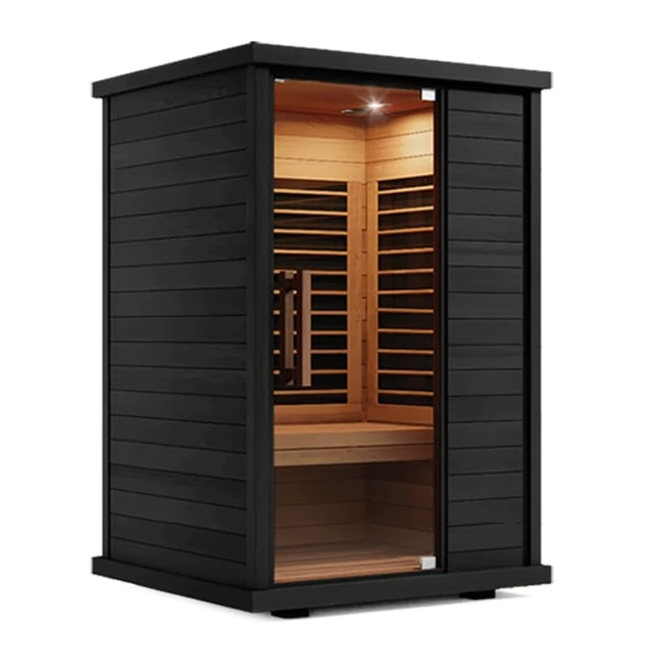 Sun Home Solstice 2-person FAR infrared sauna in black with glass door, interior lighting, and natural wood interior benches and heater panels