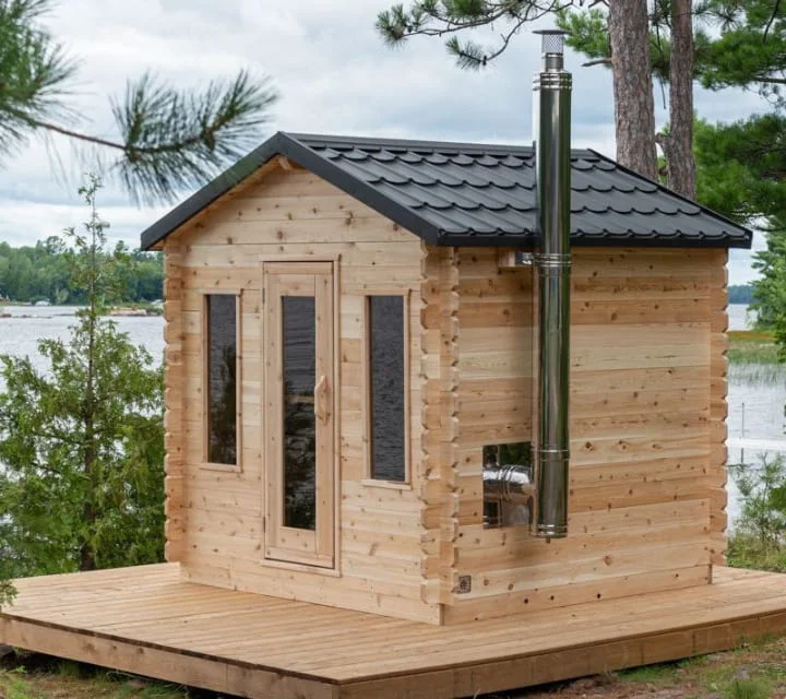 Dundalk CT Georgian 6-person outdoor sauna with cedar exterior and black metal shingle roof