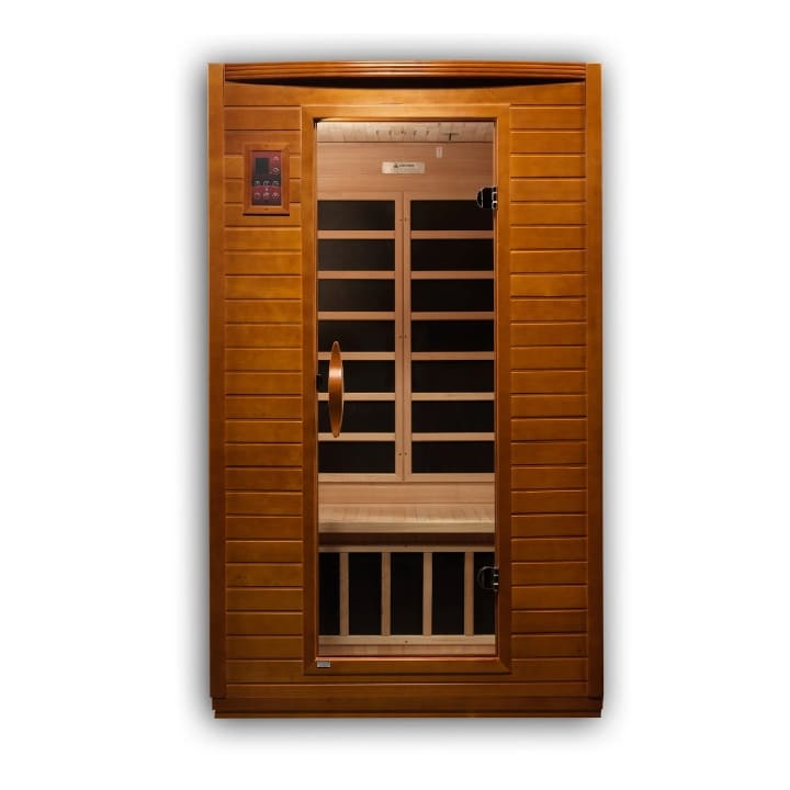 Front view of Dynamic Andora 2-person low EMF FAR infrared sauna with glass door and control panel