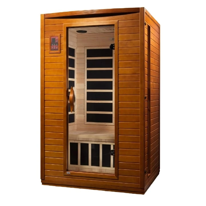 Dynamic Andora infrared sauna angular view showing the carbon heating panels and bench seating