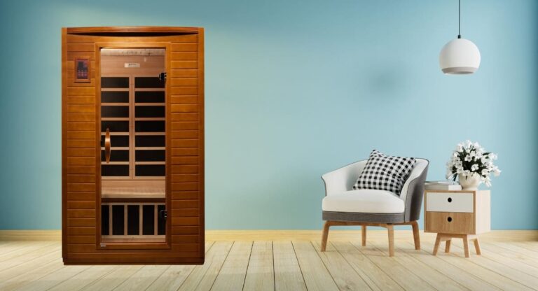 Dynamic infrared sauna in Scandinavian-style living room with light wood floors, turquoise walls, and modern furniture