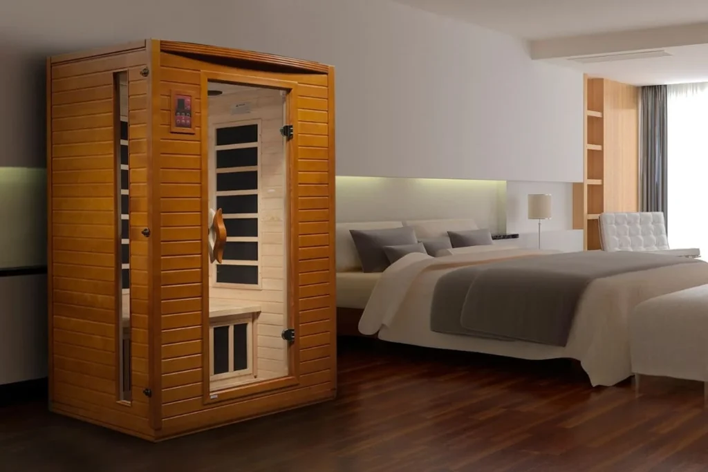 Dynamic Saunas Andora 2-Person Low EMF FAR Infrared Sauna installed in contemporary bedroom with hardwood floors and modern decor