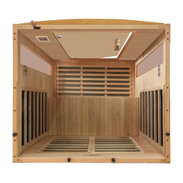 Top-down interior view of Dynamic Andora infrared sauna showing bench and heater configuration