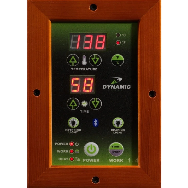 Digital control panel for Dynamic Andora FAR Infrared sauna with temperature, time, lighting controls and Bluetooth connectivity