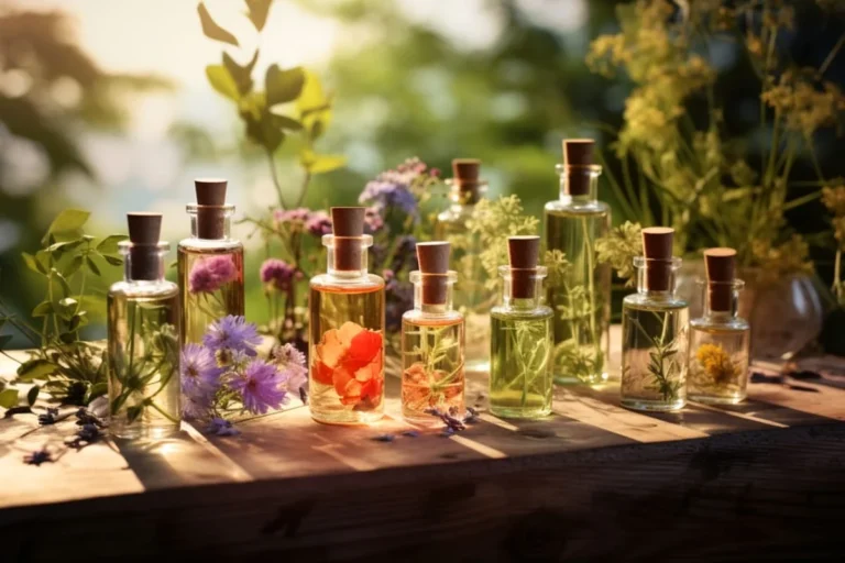 The best essential oils for sauna aromatherapy displayed in elegant glass bottles, infused with natural flowers and herbs, beautifully lit by golden sunlight