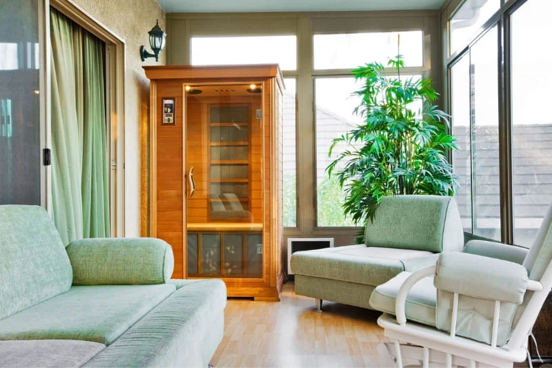 Modern infrared sauna cabinet in home sunroom with comfortable seating and indoor plants