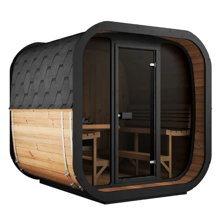 SaunaLife Cube-Series CL7G 6-person outdoor sauna featuring modern barrel design with black shingle frame, glass door, and Thermo-Spruce wood exterior