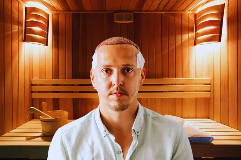 A man after a hair transplant with an image of a sauna in the background highlighting the potential risks and precautions while using a sauna after hair transplant.