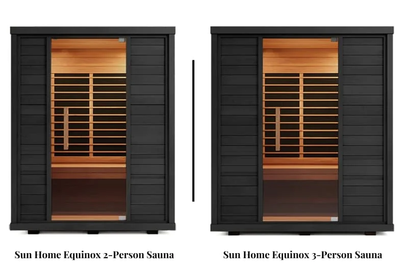 Side-by-side comparison of the Sun Home Equinox 2-Person Sauna and Sun Home Equinox 3-Person Sauna, both featuring a sleek black exterior with a glass door and premium infrared heating panels inside.