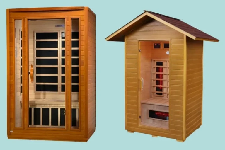 Side-by-side comparison of two infrared saunas: the left sauna features carbon heating panels, while the right sauna has ceramic heating panels. Discover the differences between carbon vs ceramic sauna heaters in terms of heat distribution, efficiency, and benefits.