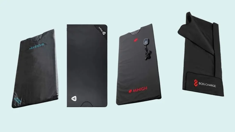 HigherDose, LifePro RejuvaWrap, MiHigh, and Bon Charge sauna blankets side by side against a blue background.