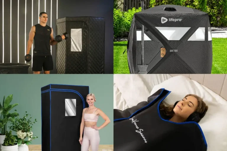 A collage featuring four of the best portable saunas featuring two portable one person sauna, one portable 3-4-person outdoor sauna and one infrared sauna blanket in different surroundings