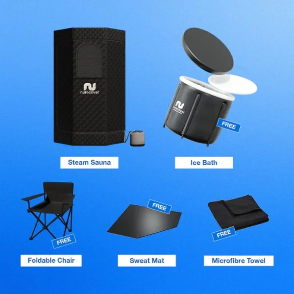 Marketing diagram showing Nurecover sauna system components: steam sauna, ice bath, foldable chair, sweat mat, and microfiber towel with 'FREE' labels on included items