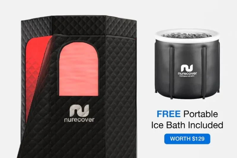 Nurecover portable sauna with portable ice bath promotion showing '$129 value' for the free included ice bath