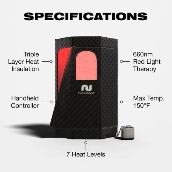 Technical specifications diagram of Nurecover sauna highlighting features: triple layer insulation, 660nm red light therapy, handheld controller, 150°F max temperature, and 7 heat levels
