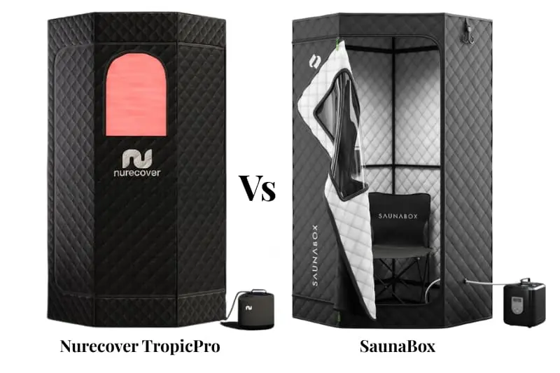 Side-by-side comparison of Nurecover TropicPro and SaunaBox portable saunas showing their exterior designs and key features